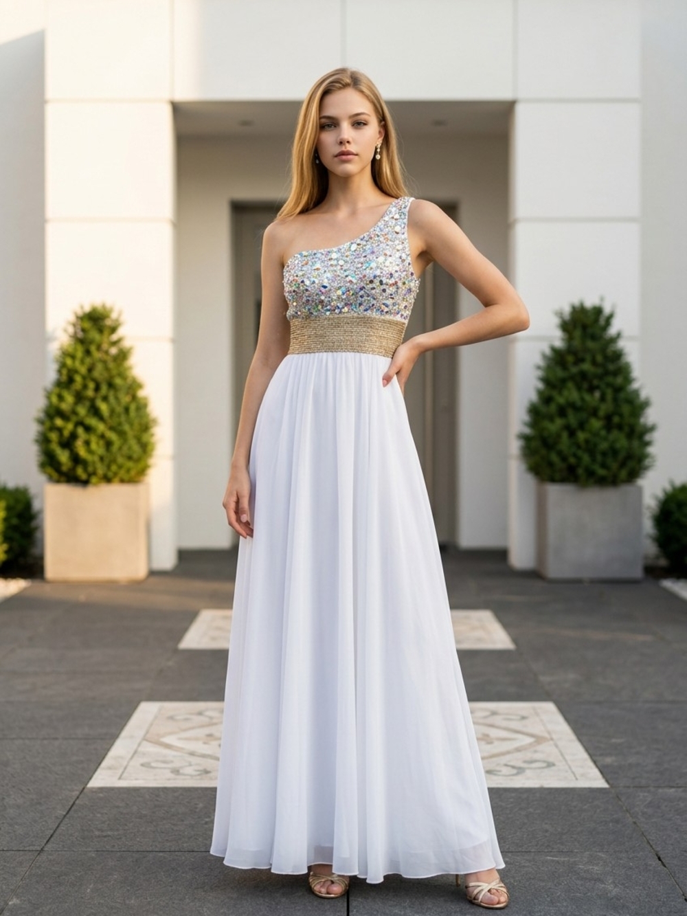 One-Shoulder White Evening Gown with Crystal Embellished Bodice